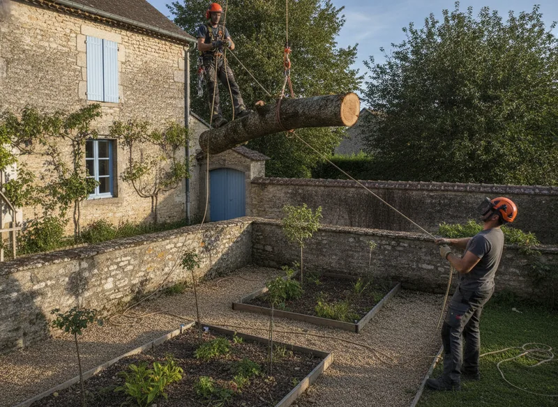 Abattage par démontage d'un arbre à la corde dans un jardin toulousain