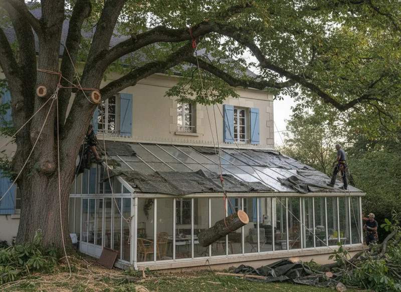 Démontage d'un marronnier au-dessus d'une véranda à Toulouse