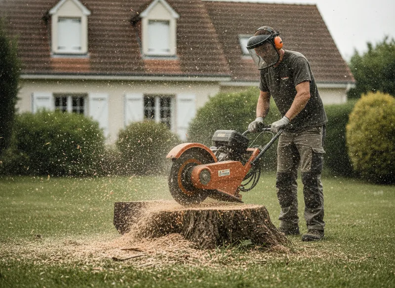 Rogneuse de souche en action dans un jardin de la banlieue toulousaine