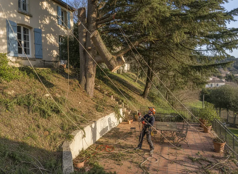 Démontage de cyprès sur un terrain en pente à Ramonville-Saint-Agne