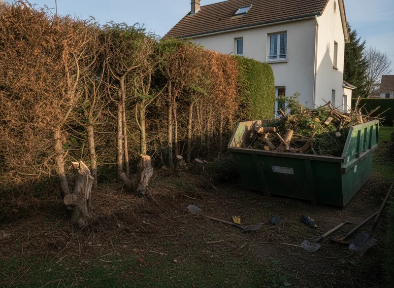 Arrachage d'une haie de thuyas en fin de vie dans un pavillon de Blagnac